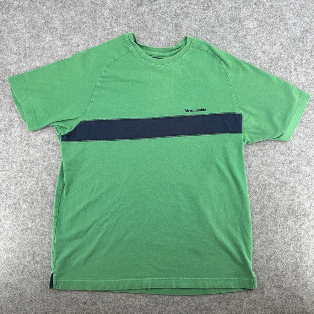 Y2K Abercrombie & Fitch T-Shirt Mens M Green Navy Stripe Logo Short Sleeve EUC